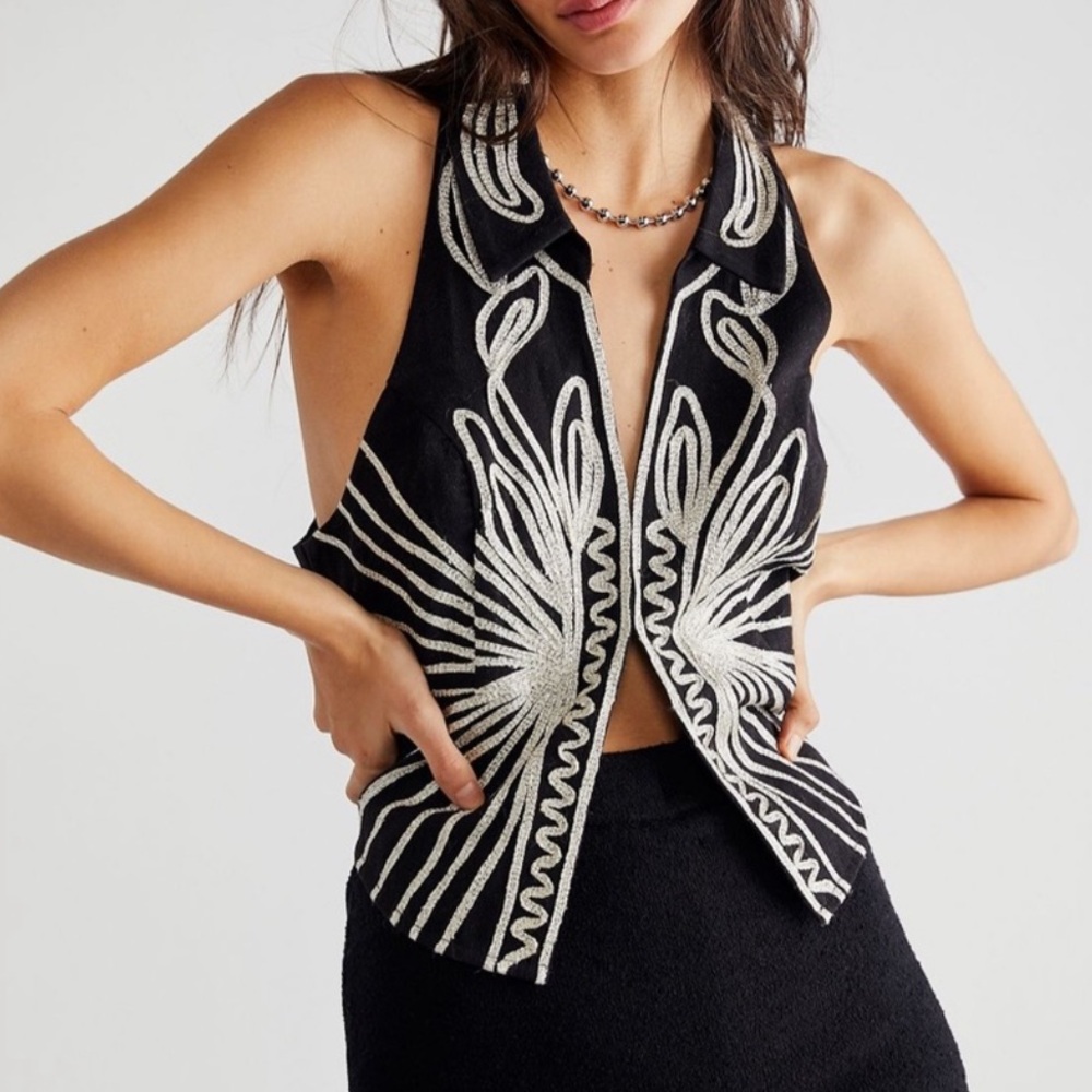 Free People Black Halter Top with White Embroidered Design